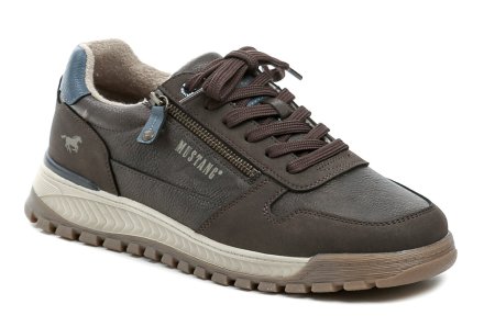 Herren-Ganzjahresschuhe mit Schnürsenkeln und Reißverschluss. Die Schuhe sind aus einem synthetischen Material gefertigt, das Leder imitiert.