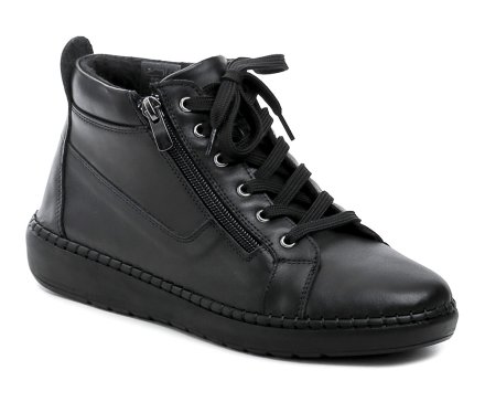 Damen-Ankle-Boots für Winter und Herbst mit Schnürung und zwei Reißverschlüssen. Die Schuhe sind aus echtem Leder gefertigt und mit weichem Textilfutter ausgestattet.