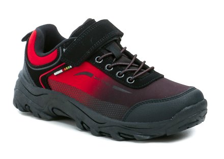 Ganzjährig tragbare Outdoor-Wanderschuhe mit Schnürsenkeln. Die Schuhe bestehen aus einer Kombination aus Synthetikmaterial und textilem Softshell-Material.