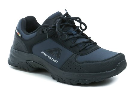 Ganzjährig tragbare Outdoor-Wanderschuhe mit Schnürsenkeln. Die Schuhe bestehen aus einer Kombination aus Synthetikmaterial und textilem Softshell-Material.