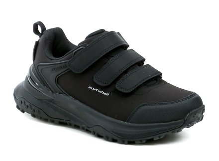 Ganzjährig tragbare Outdoor-Wanderschuhe mit Klettverschluss. Die Schuhe bestehen aus einer Kombination aus Synthetikmaterial und textilem Softshell-Material.