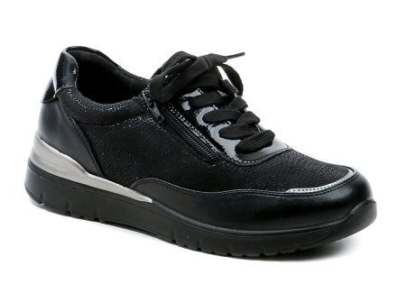 Damen-Wanderschuhe mit leichtem Keilabsatz, Schnürung und Reißverschluss. Aus Synthetikmaterial mit Textilfutter.