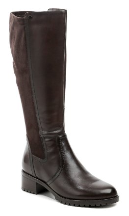 Hohe Damen-Winterwanderstiefel mit mittelhohem, stabilem Absatz und Reißverschluss. Die Schuhe bestehen aus einer Kombination aus Echtleder und flexiblem Textilmaterial im Fersenbereich.