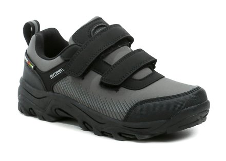 Ganzjährig tragbare Outdoor-Wanderschuhe mit Klettverschluss. Die Schuhe bestehen aus einer Kombination aus Synthetikmaterial und textilem Softshell-Material.