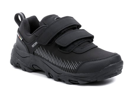 Ganzjährig tragbare Outdoor-Wanderschuhe mit Klettverschluss. Die Schuhe bestehen aus einer Kombination aus Synthetikmaterial und textilem Softshell-Material.