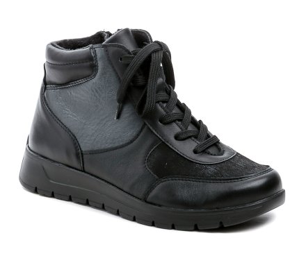 Medizinische Winterschuhe für Damen, knöchelhoch, mit Schnürung und Reißverschluss. Die Schuhe bestehen aus einer Kombination aus Echtleder und Textilmaterial und eignen sich für Füße mit Hallux valgus und breiten Füßen.