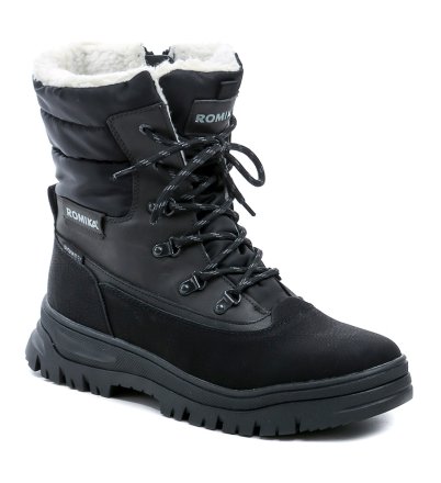 Winter-Wanderstiefel für Herren mit Schnürsenkeln und regulärem Reißverschluss. Die Schuhe sind aus synthetischem Material hergestellt, innen mit pelzigem Textilfell und Romitex-Membran isoliert.