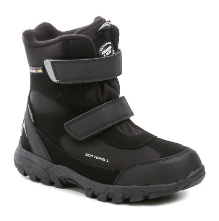 Winterliche Wanderstiefel für Kinder mit zwei Klettverschlüssen. Die Schuhe bestehen aus einer Kombination aus Synthetik- und Textilmaterial und sind mit einem Schaumstoff-Wildlederfutter isoliert.