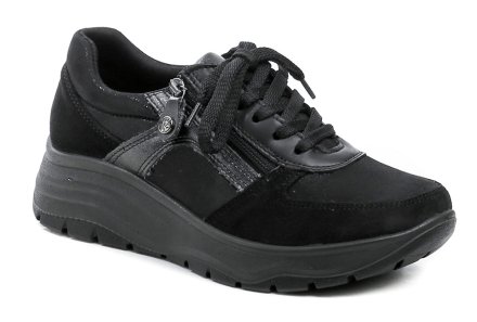 Damen-Ganzjahres-Wanderschuhe mit Schnürsenkeln und Reißverschluss, hergestellt aus einer Kombination aus echtem Leder und Textilmaterial.
