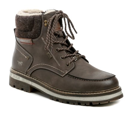 Herren-Winterstiefeletten mit Schnürung und Reißverschluss. Die Schuhe bestehen aus synthetischem Material mit MustangTEX-Membran, innen mit flauschigem Textilfell isoliert.