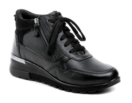 Damen-Wanderstiefeletten für Herbst und Winter mit Schnürung und Reißverschluss. Die Schuhe sind komplett aus echtem Leder gefertigt.