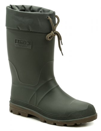 Wasserdichte hohe Winterstiefel vom Typ Gummistiefel. Die Schuhe sind aus synthetischem Kautschuk hergestellt, der resistent gegen Öle und Säuren ist.