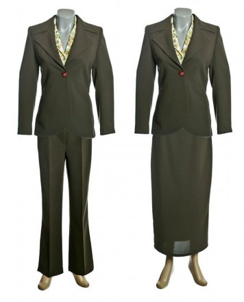 Dreiteiliger khakifarbener Ganzjahresanzug für Damen, bestehend aus Jacke, Bluse, Rock und Hose