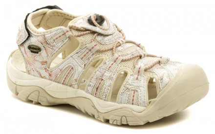Sommerliche Wanderschuhe mit einem Gürtel, der mit einem Klettverschluss an der Ferse befestigt wird. Die Schuhe sind aus einer Kombination von synthetischem und textilem Material hergestellt.