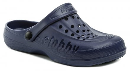 Sommerliche Schlupfschuhe mit einem Riemen um die Ferse oder über den Knöchel, aus synthetischem Material.