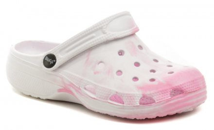 Sommerliche Schlupfschuhe mit einem Riemen um die Ferse oder über den Knöchel, aus synthetischem Material.