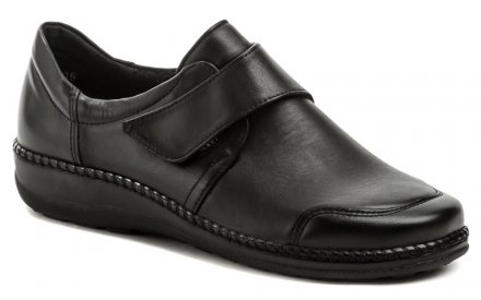 Ganzjahres-Gesundheits-Wanderschuhe für Damen mit Klettverschluss. Der Schuh besteht aus echtem Naturleder in Kombination mit Stretchmaterial auf dem Spann, wodurch der Schuh auch für breite Füße mit Halluxen geeignet ist.