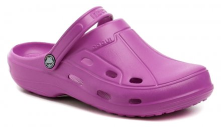 Sommerliche Damen-Slipper mit einem Riemen um die Ferse oder über den Knöchel, aus synthetischem Material.