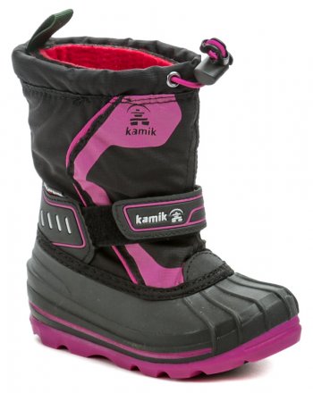 Wasserdichte Kinder-Winterstiefel mit Klettverschluss am Knöchel und Schnürung am oberen Rand des Kragens, aus einer Kombination von synthetischem Gummi und Textilmaterial.