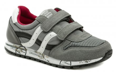 Ganzjahres-Wanderschuhe für Kinder mit Klettverschluss. Die Schuhe sind aus einer Kombination von Synthetik- und Textilmaterial hergestellt.