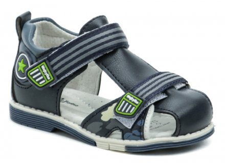 Sommerliche Freizeitschuhe mit Klettverschluss, aus Kunstleder kombiniert mit Naturleder auf der Innenseite. Der Knöchel- und Fesselriemen ist mit einem Klettverschluss verstellbar.