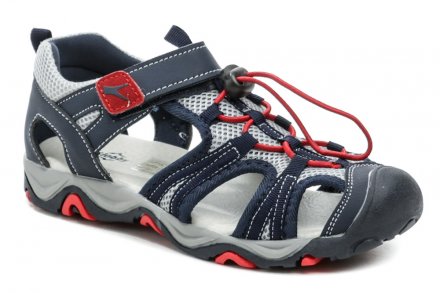 Sommerliche Wander- und Freizeitschuhe mit Klettverschluss, hergestellt aus einer Kombination von Synthetik und Textil.