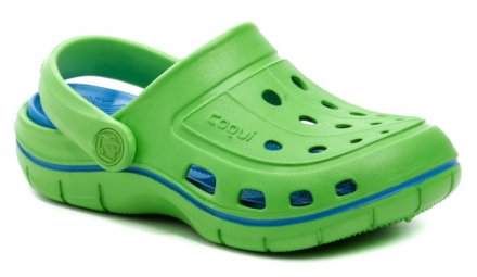Sommerliche Kinderschuhe zum Hineinschlüpfen mit einem Riemen um die Ferse oder über den Knöchel, aus synthetischem Material.