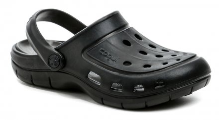 Sommerliche Schlupfschuhe mit einem Riemen um die Ferse oder über den Knöchel, aus synthetischem Material.