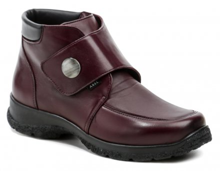 Damen-Wintergesundheits-Wanderschuhe mit Klettverschluss. Der Schuh ist aus echtem Naturleder in Kombination mit Stretchmaterial auf dem Spann, wodurch der Schuh für Füße mit Hallux geeignet ist.