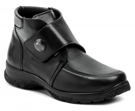 Damen-Wintergesundheits-Wanderschuhe mit Klettverschluss. Der Schuh ist aus echtem Naturleder in Kombination mit Stretchmaterial auf dem Spann, wodurch der Schuh für Füße mit Hallux geeignet ist.