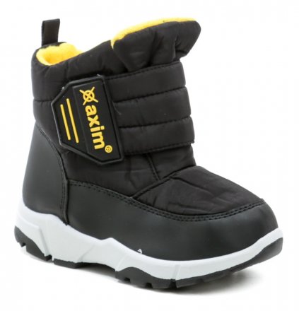 Kinder-Winterstiefel mit Klettverschluss, aus Synthetik und Textil, innen isoliert und mit Textilpelz besetzt.