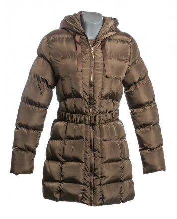 Damen-Wintermantel mit Reißverschluss und Kapuze. Der Mantel ist aus 100 % Polyester hergestellt.