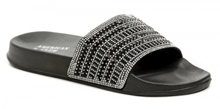 Sommerliche Freizeit-Slipper für Damen aus einer Kombination von Textil und Synthetikmaterial.