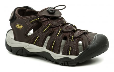 Sommerliche Wanderschuhe mit einem Gürtel, der mit einem Klettverschluss an der Ferse befestigt wird. Die Schuhe sind aus einer Kombination von synthetischem und textilem Material hergestellt.