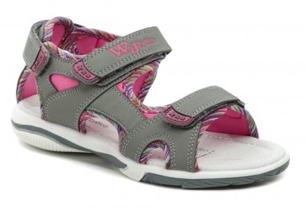 Sommerliche Freizeitschuhe für Mädchen mit Klettverschluss, aus Synthetikleder, kombiniert mit Textil und Naturleder auf der Innensohle. Der Knöchel- und Fersenriemen sind mit Klettverschluss verstellbar.