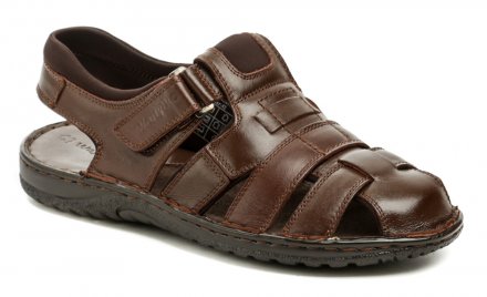 Sommerliche Herren-Wanderschuhe mit lockerem Absatz und einem Verschluss über dem Knöchel, aus einer Kombination von echtem Leder und Textilmaterial.