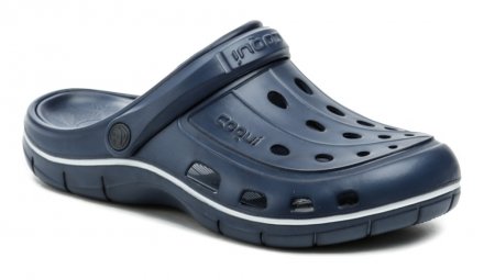 Sommerliche Schlupfschuhe mit einem Riemen um die Ferse oder über den Knöchel, aus synthetischem Material.
