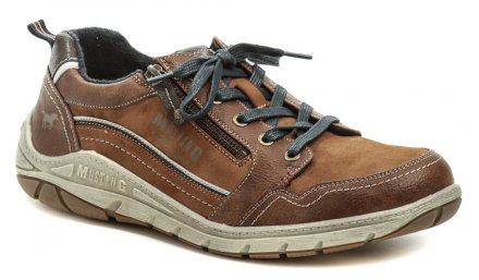 Ganzjahres-Wanderschuhe für Herren mit Schnürsenkeln, hergestellt aus synthetischem Material, das Leder imitiert, in Kombination mit Textilmaterial.