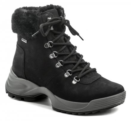 Damen-Winterwanderstiefel mit Schnürung, aus einer Kombination von echtem Leder und Textilmaterial.