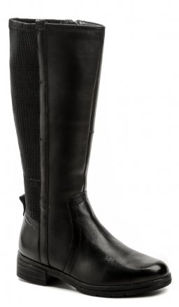 Hohe Damen-Winterwanderstiefel mit niedrigem Absatz und Reißverschluss, aus echtem Naturleder kombiniert mit Textilmaterial an der Wade, isoliert mit Textilfutter innen.