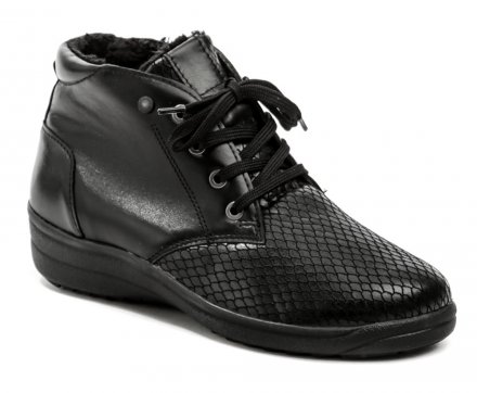 Medizinische Winterwanderschuhe für Damen aus echtem Naturleder in Kombination mit Textilmaterial, geeignet für Füße mit Hallux valgus.