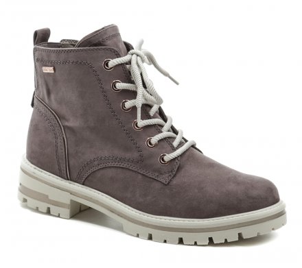 Damen Winterstiefelette mit Schnürung und Reißverschluss. Die Schuhe auf einem stabilen niedrigen Absatz sind aus Textilmaterial mit JanaTex-Membran gefertigt. Innen mit weichem Textilfell isoliert.